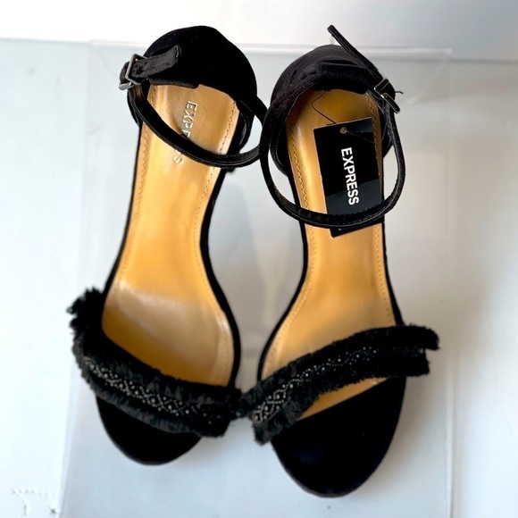 EXPRESS Womens Black Suede Platform Sandals Heels Formal Dress Rhinestone, Sz 9 - Picture 3 of 10